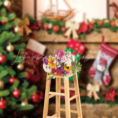 Lofaris Green Xmas Trees Fireplace Socks Christmas Backdrop