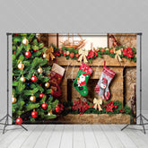 Lofaris Green Xmas Trees Fireplace Socks Christmas Backdrop