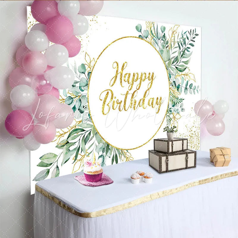 Lofaris Greenery Eucalyptus Birthday Backdrop Gold Circular Frame and Glitter Leaf Party Decoration