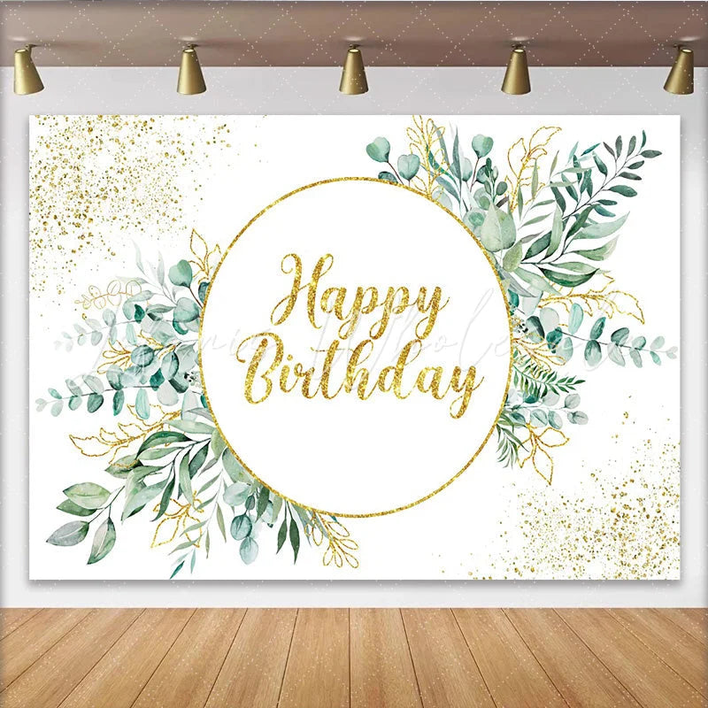 Lofaris Greenery Eucalyptus Birthday Backdrop Gold Circular Frame and Glitter Leaf Party Decoration
