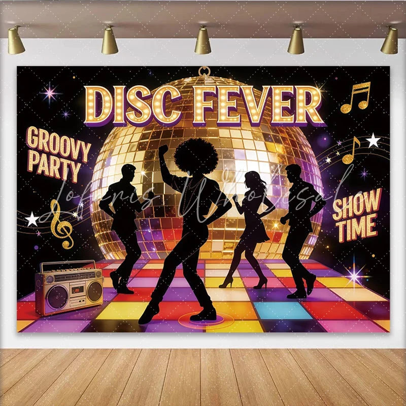 Lofaris Groovy Disco Party Backdrop with Golden Ball and Dancing Silhouettes Colorful Dance Floor Background for Event Photography