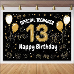 Lofaris Hand Drawn Gold 13th Birthday Backdrop Official Teenager 13 Gaming Theme Party Decoration