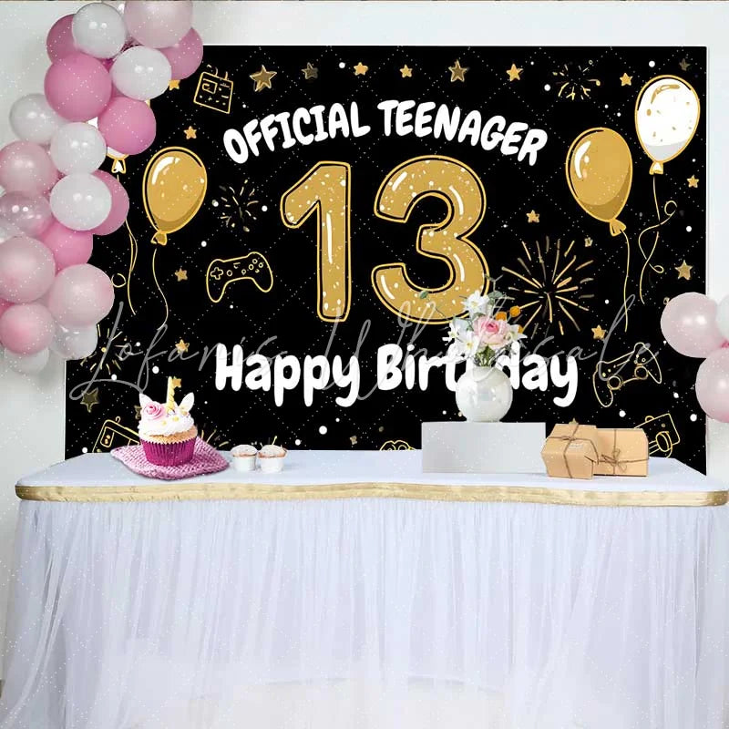 Lofaris Hand Drawn Gold 13th Birthday Backdrop Official Teenager 13 Gaming Theme Party Decoration