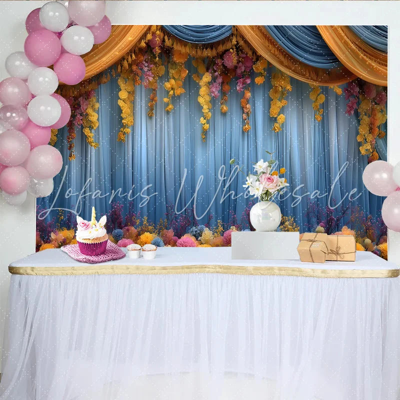 Lofaris Hanging Flower Stage Backdrop Blue Curtains with Yellow Floral Vines Party Photo Banner