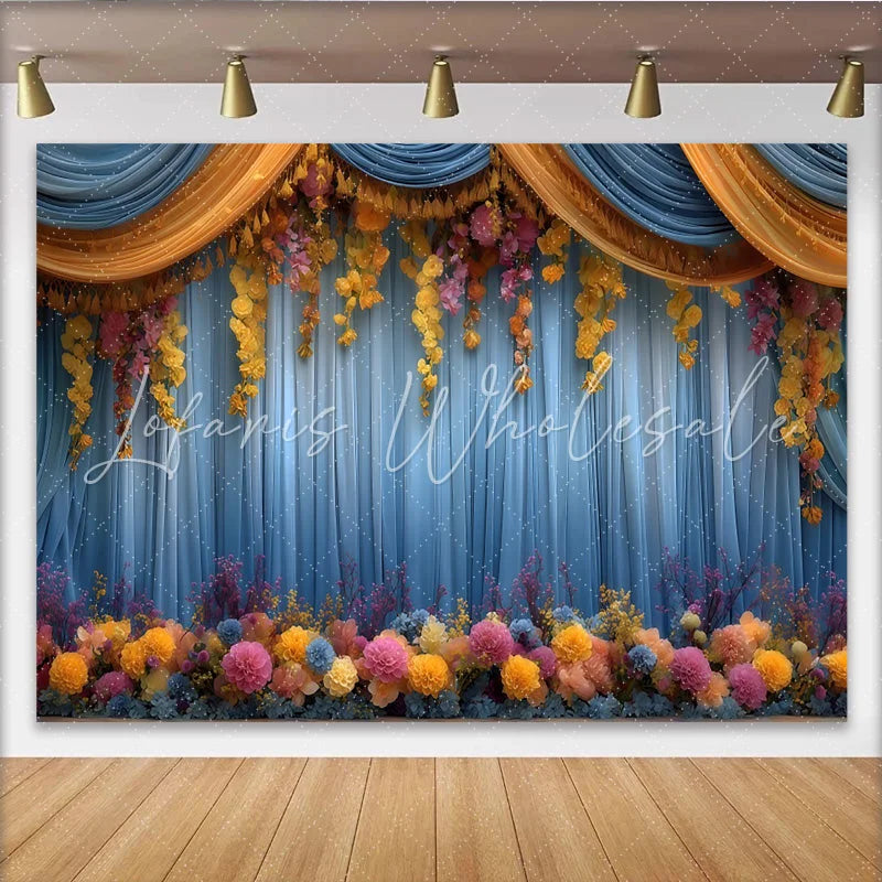 Lofaris Hanging Flower Stage Backdrop Blue Curtains with Yellow Floral Vines Party Photo Banner