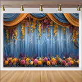 Lofaris Hanging Flower Stage Backdrop Blue Curtains with Yellow Floral Vines Party Photo Banner