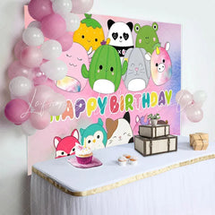 Lofaris Happy Birthday Backdrop Cute Plush Toy Animals Banner Pink Watercolor Kawaii Party Supplies for Girls