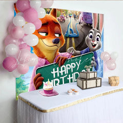 Lofaris Happy Birthday Cartoon Animal Backdrop with City Street Scene Vibrant Party Background for Kids Celebrations and Photo Booth