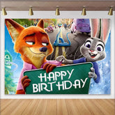 Lofaris Happy Birthday Cartoon Animal Backdrop with City Street Scene Vibrant Party Background for Kids Celebrations and Photo Booth