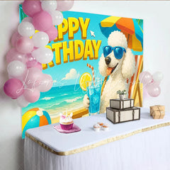 Lofaris Happy Birthday Cartoon Poodle Backdrop with Blue Sunglasses and Beach Scene Vibrant Summer Party Background for Kids Photoshoot