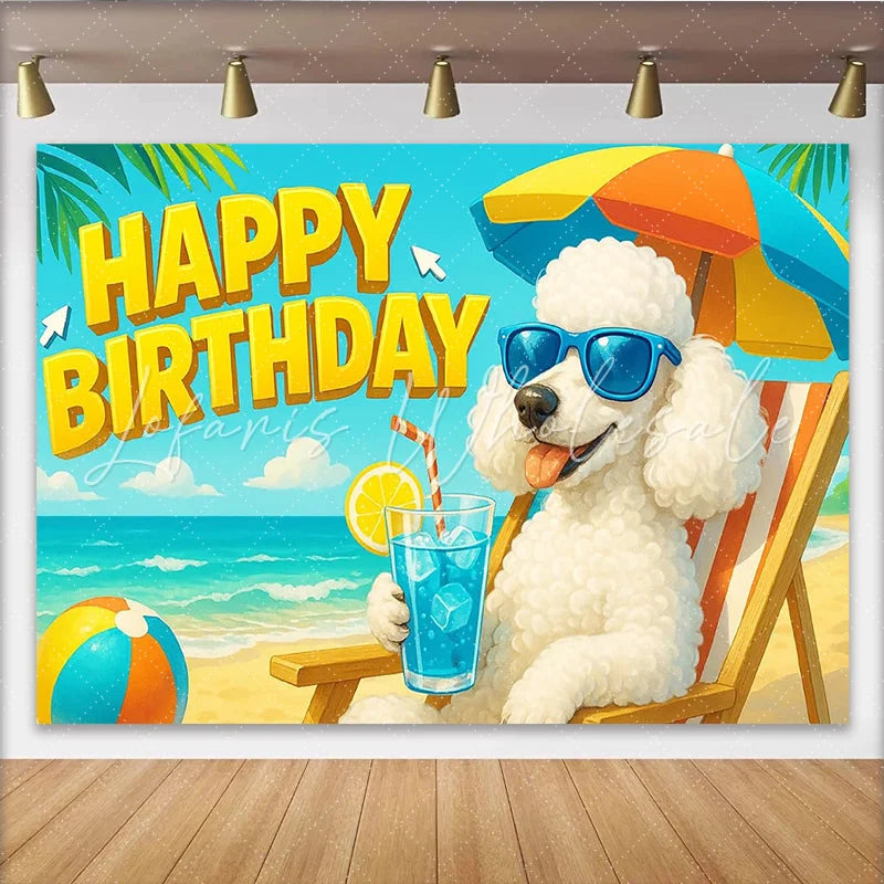 Lofaris Happy Birthday Cartoon Poodle Backdrop with Blue Sunglasses and Beach Scene Vibrant Summer Party Background for Kids Photoshoot