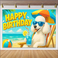 Lofaris Happy Birthday Cartoon Poodle Backdrop with Blue Sunglasses and Beach Scene Vibrant Summer Party Background for Kids Photoshoot