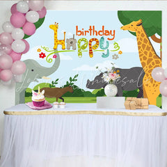 Lofaris Happy Birthday Cartoon Safari Backdrop with Giraffe and Elephant Jungle Animal Theme Background for Kids Party Photoshoot