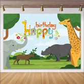 Lofaris Happy Birthday Cartoon Safari Backdrop with Giraffe and Elephant Jungle Animal Theme Background for Kids Party Photoshoot