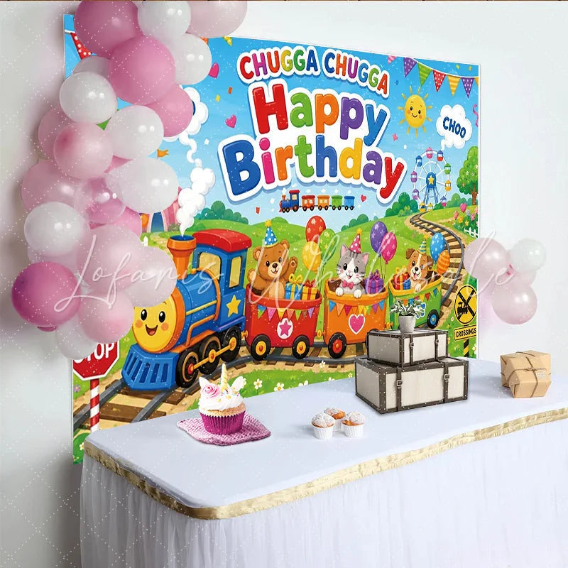 Lofaris Happy Birthday Cartoon Train Backdrop with Cute Animals Colorful Festive Background for Children’s Party Decoration