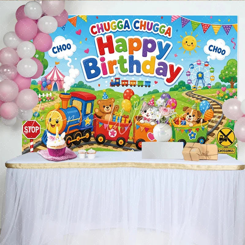 Lofaris Happy Birthday Cartoon Train Backdrop with Cute Animals Colorful Festive Background for Children’s Party Decoration