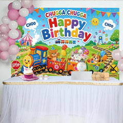 Lofaris Happy Birthday Cartoon Train Backdrop with Cute Animals Colorful Festive Background for Children’s Party Decoration