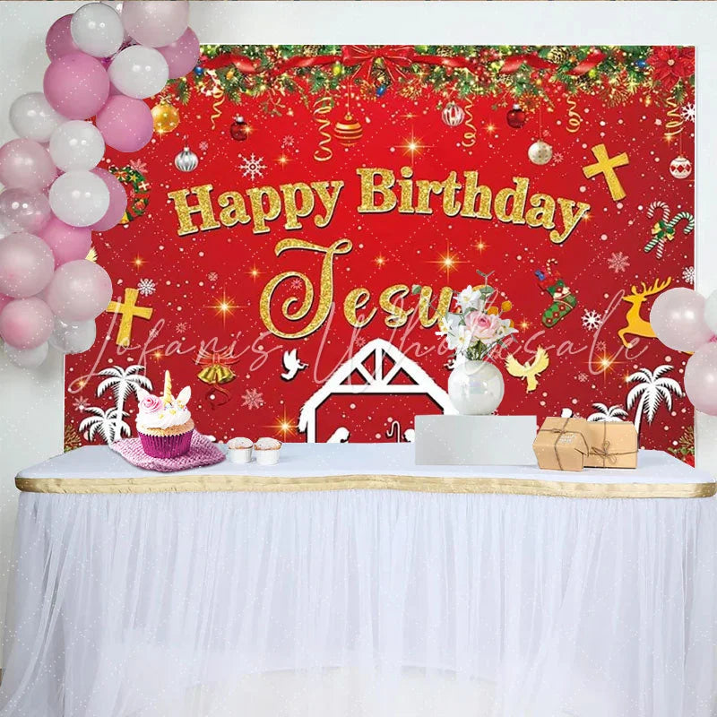 Lofaris Happy Birthday Jesus Christmas Backdrop Red Nativity Scene Manger Religious Background Holy Night Church Event Banner