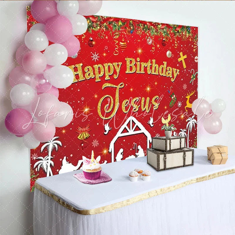 Lofaris Happy Birthday Jesus Christmas Backdrop Red Nativity Scene Manger Religious Background Holy Night Church Event Banner