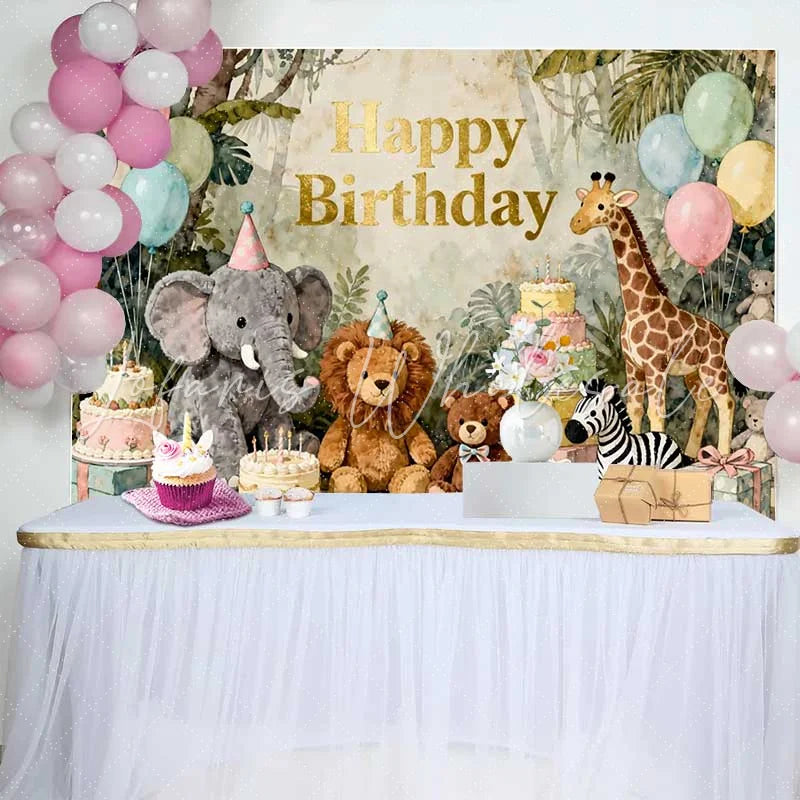 Lofaris Happy Birthday Jungle Safari Animals Backdrop Watercolor Elephant Lion Giraffe and Balloons Party Decor