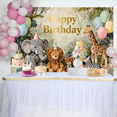 Lofaris Happy Birthday Jungle Safari Animals Backdrop Watercolor Elephant Lion Giraffe and Balloons Party Decor