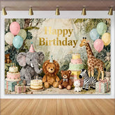 Lofaris Happy Birthday Jungle Safari Animals Backdrop Watercolor Elephant Lion Giraffe and Balloons Party Decor