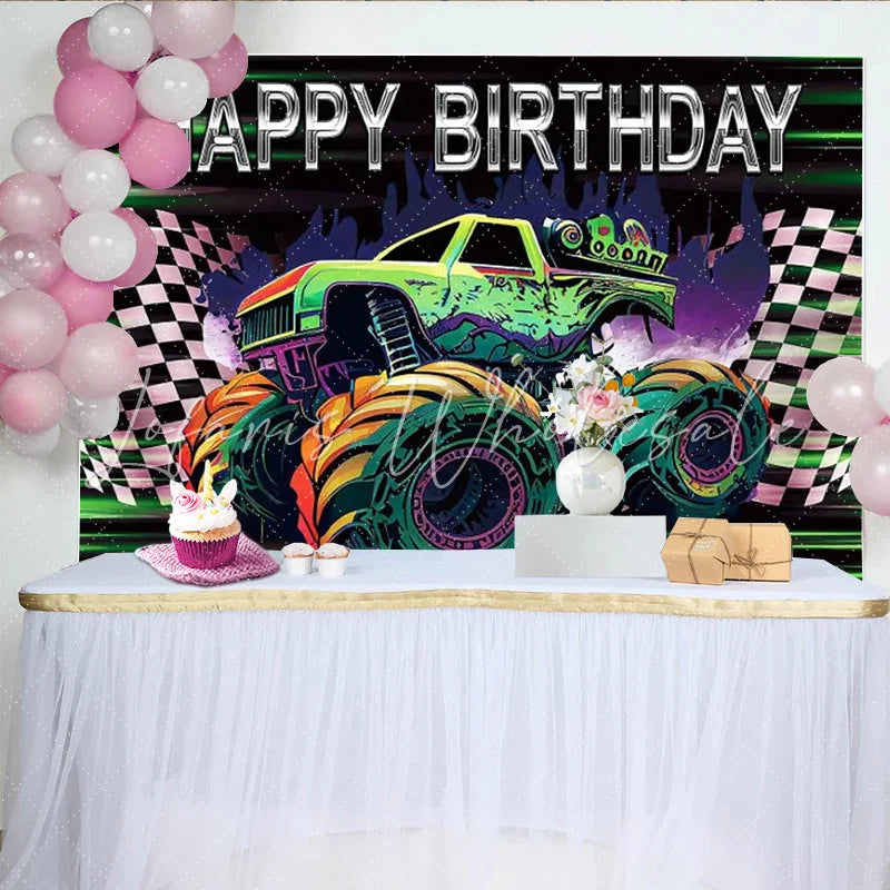 Lofaris Happy Birthday Monster Truck Backdrop Green Racing Car Banner Checkered Flag Party Supplies for Boy Photo Booth