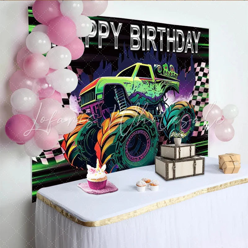 Lofaris Happy Birthday Monster Truck Backdrop Green Racing Car Banner Checkered Flag Party Supplies for Boy Photo Booth