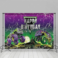 Lofaris Happy Birthday Monster Truck Backdrop Purple Lightning Skull Truck Banner Racing Car Theme Party Supplies for Boy