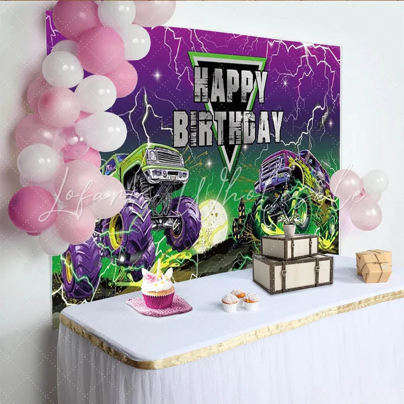 Lofaris Happy Birthday Monster Truck Backdrop Purple Lightning Skull Truck Banner Racing Car Theme Party Supplies for Boy