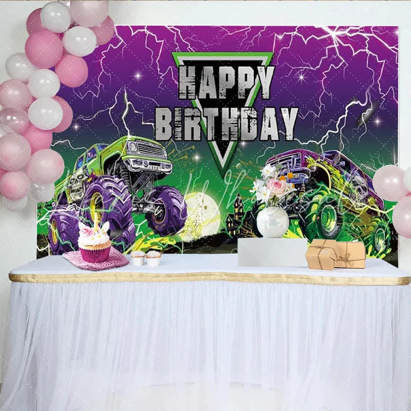 Lofaris Happy Birthday Monster Truck Backdrop Purple Lightning Skull Truck Banner Racing Car Theme Party Supplies for Boy