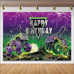 Lofaris Happy Birthday Monster Truck Backdrop Purple Lightning Skull Truck Banner Racing Car Theme Party Supplies for Boy
