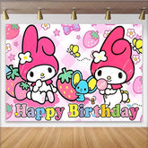 Lofaris Happy Birthday Pink Bunny Backdrop Cute Cartoon Rabbit Banner Strawberry Pink Party Supplies for Girl Birthday