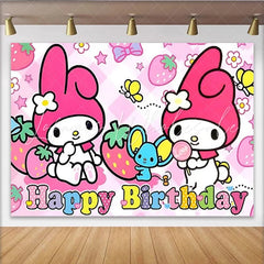 Lofaris Happy Birthday Pink Bunny Backdrop Cute Cartoon Rabbit Banner Strawberry Pink Party Supplies for Girl Birthday