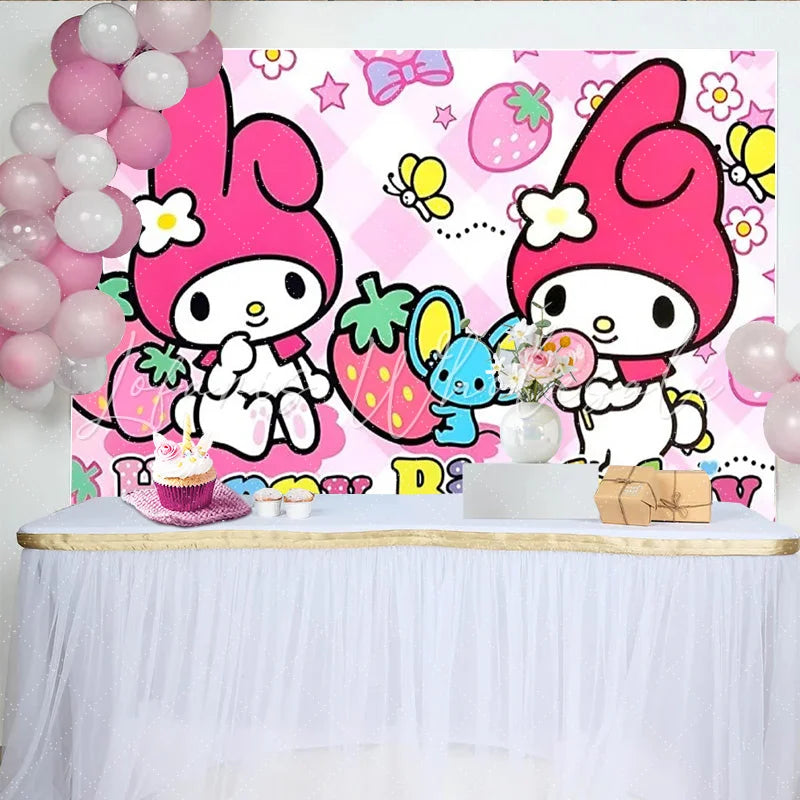 Lofaris Happy Birthday Pink Bunny Backdrop Cute Cartoon Rabbit Banner Strawberry Pink Party Supplies for Girl Birthday