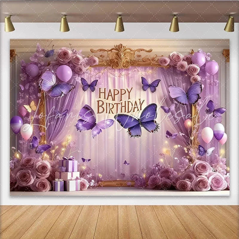 Lofaris Happy Birthday Purple Butterfly Party Backdrop with Elegant Roses and Balloons Gold Frame Decor
