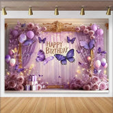 Lofaris Happy Birthday Purple Butterfly Party Backdrop with Elegant Roses and Balloons Gold Frame Decor