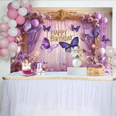 Lofaris Happy Birthday Purple Butterfly Party Backdrop with Elegant Roses and Balloons Gold Frame Decor