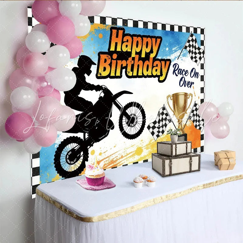 Lofaris Happy Birthday Racing Motorcycle Backdrop for Boys Dynamic Party Decor with Checkered Flags and Trophy