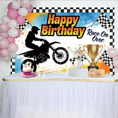 Lofaris Happy Birthday Racing Motorcycle Backdrop for Boys Dynamic Party Decor with Checkered Flags and Trophy