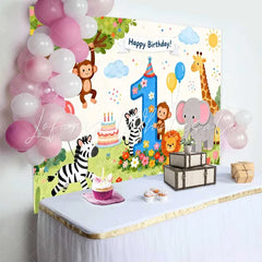 Lofaris Happy Birthday Safari Animals First Birthday Backdrop featuring Cute Jungle Friends and Number