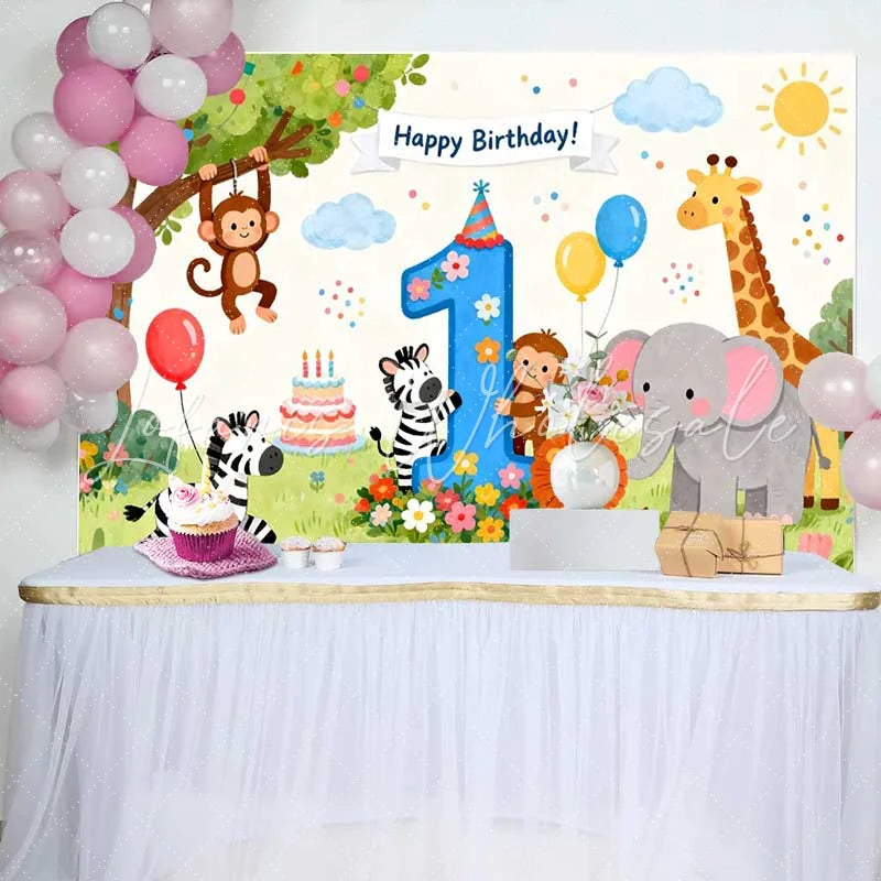 Lofaris Happy Birthday Safari Animals First Birthday Backdrop featuring Cute Jungle Friends and Number