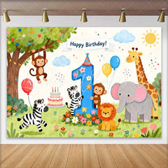 Lofaris Happy Birthday Safari Animals First Birthday Backdrop featuring Cute Jungle Friends and Number