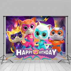 Lofaris Happy Birthday Superhero Cats Backdrop Kitten Super Team Banner Cartoon Animals Party Supplies for Kids Birthday