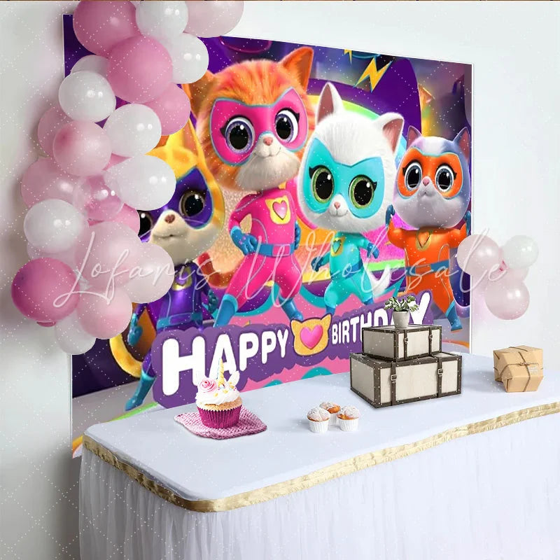 Lofaris Happy Birthday Superhero Cats Backdrop Kitten Super Team Banner Cartoon Animals Party Supplies for Kids Birthday