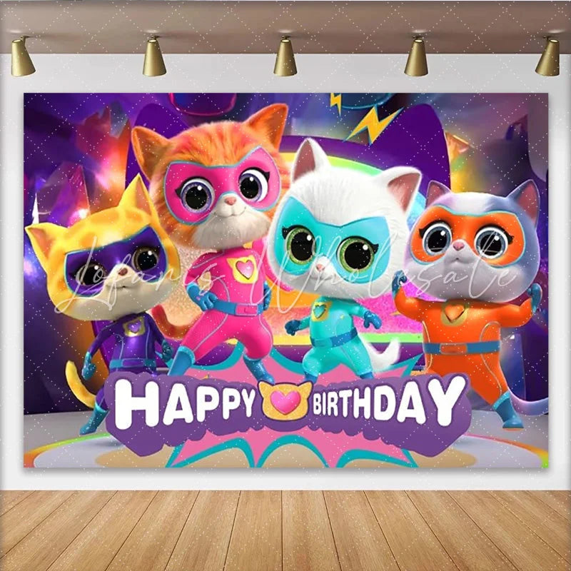 Lofaris Happy Birthday Superhero Cats Backdrop Kitten Super Team Banner Cartoon Animals Party Supplies for Kids Birthday