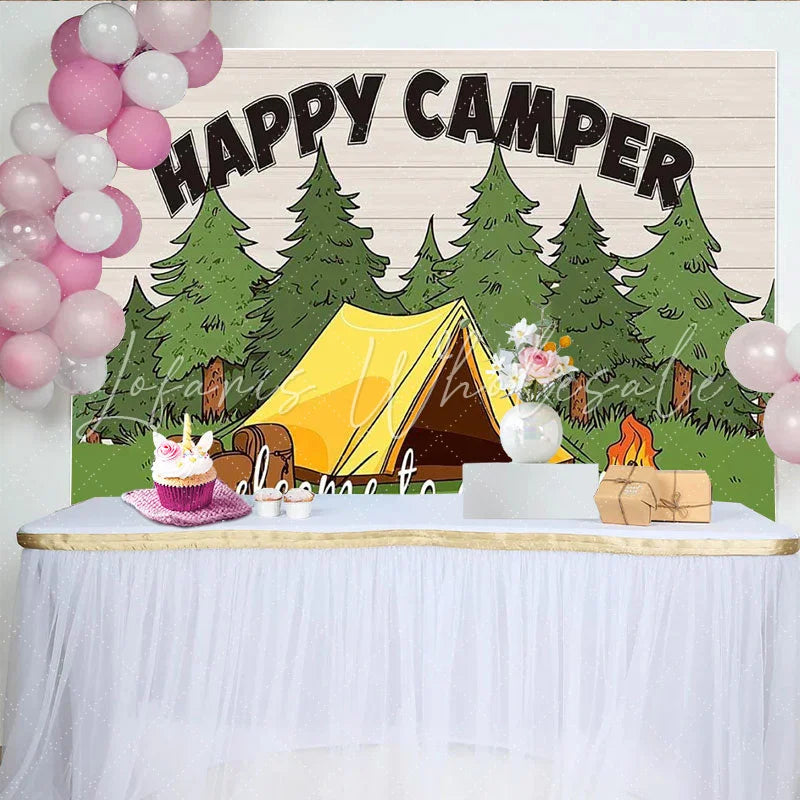 Lofaris Happy Camper Camping Photography Backdrop with Tent and Trees Outdoor Adventure Theme Photo Background for Studio Photoshoot