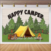 Lofaris Happy Camper Camping Photography Backdrop with Tent and Trees Outdoor Adventure Theme Photo Background for Studio Photoshoot