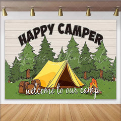 Lofaris Happy Camper Camping Photography Backdrop with Tent and Trees Outdoor Adventure Theme Photo Background for Studio Photoshoot