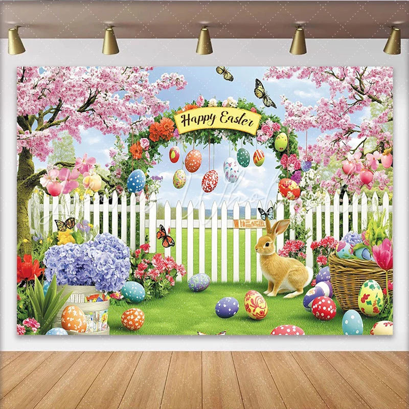 Lofaris Happy Easter Garden Backdrop with Cherry Blossoms and Rabbit Colorful Eggs and Spring Flowers Photo Background